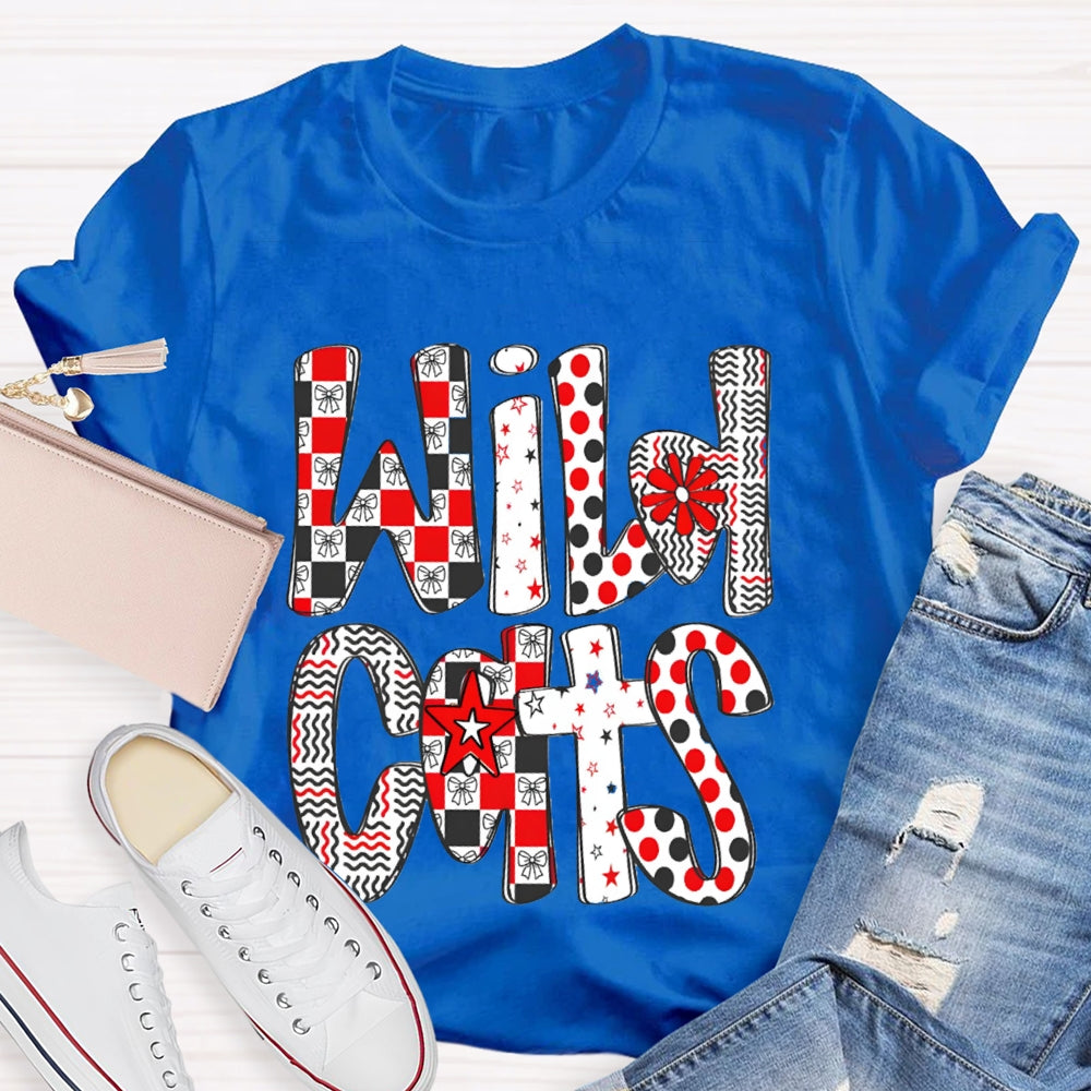 Personalized School Mascot Wild Cats Colorful Polka Dot Font T-shirt
