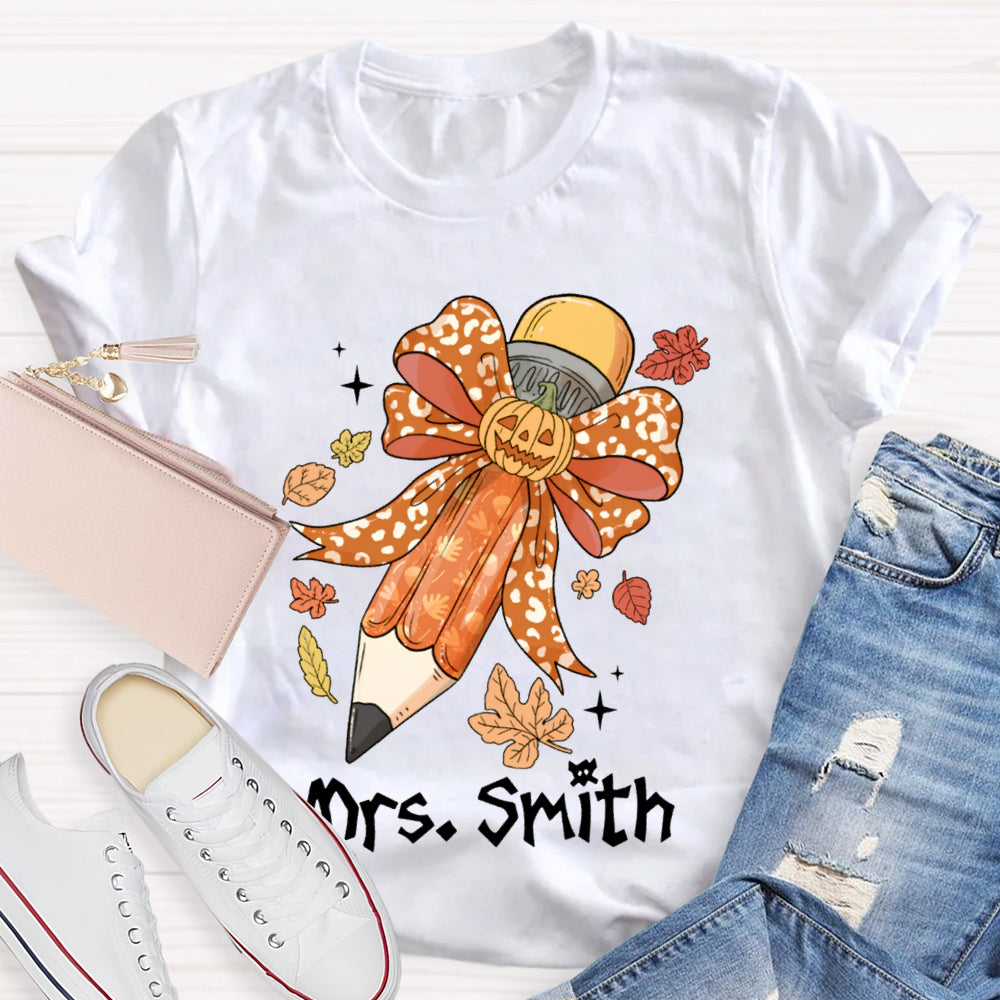 Personalized Name Pumpkin Bow Pencil And Maple Leaves Halloween T-shirt