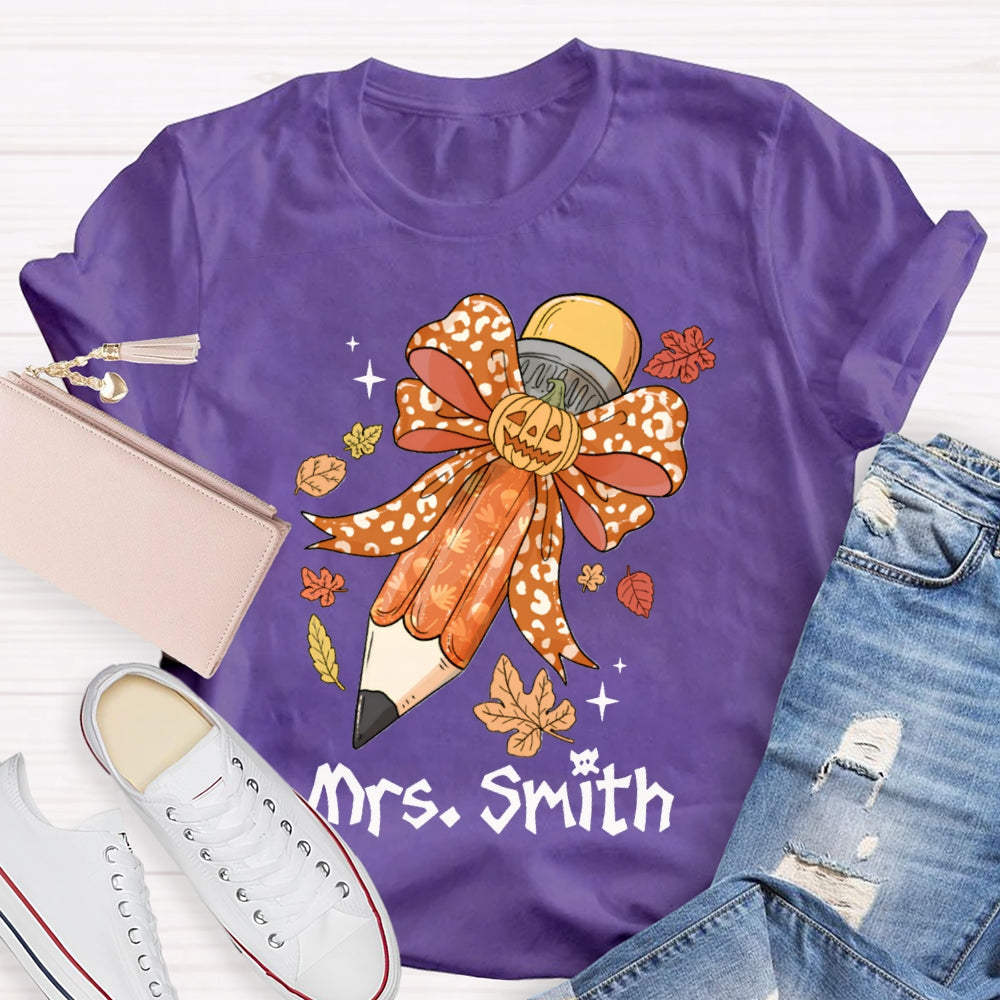 Personalized Name Pumpkin Bow Pencil And Maple Leaves Halloween T-shirt