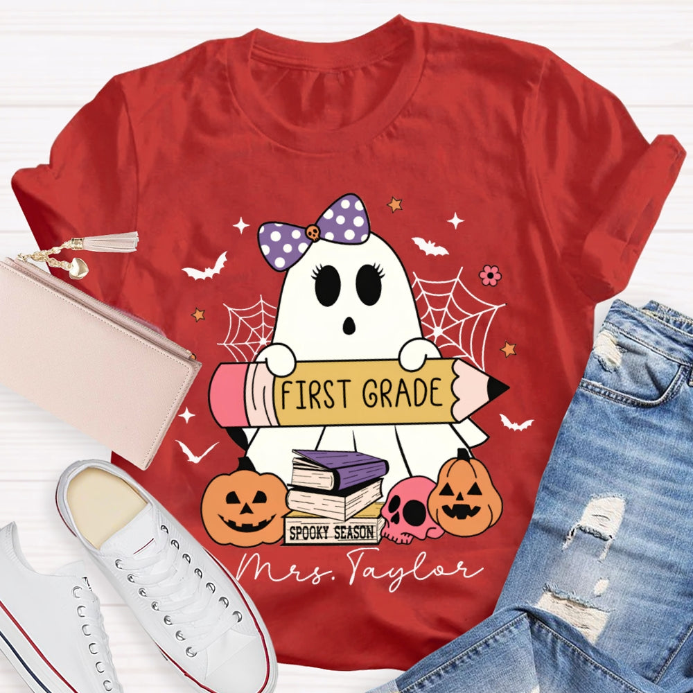 Personalized Name And Grade First Grade Cute Ghost Holding A Pencil Halloween T-shirt