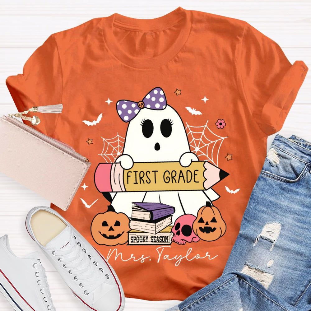 Personalized Name And Grade First Grade Cute Ghost Holding A Pencil Halloween T-shirt