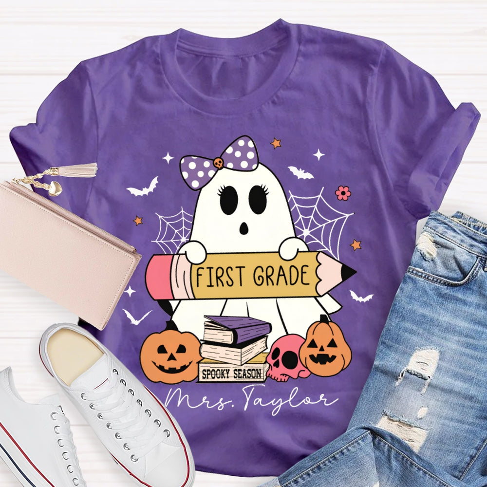 Personalized Name And Grade First Grade Cute Ghost Holding A Pencil Halloween T-shirt