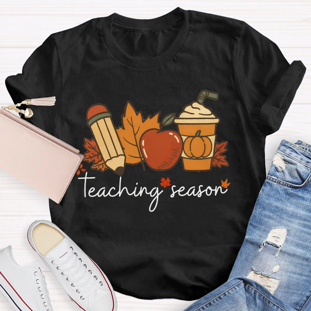 Teaching Season Pumpkin Coffee Cup And Maple Leaves Halloween T-shirt