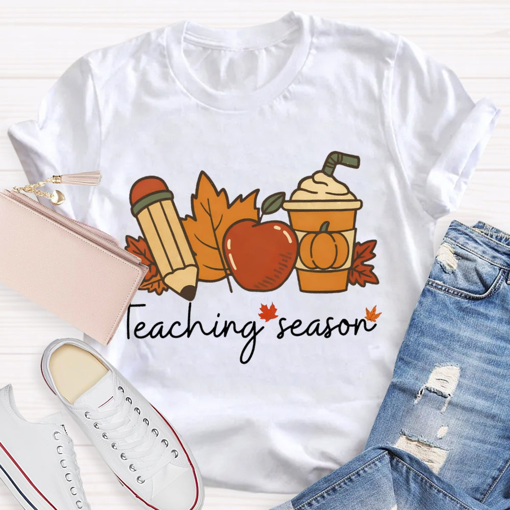 Teaching Season Pumpkin Coffee Cup And Maple Leaves Halloween T-shirt