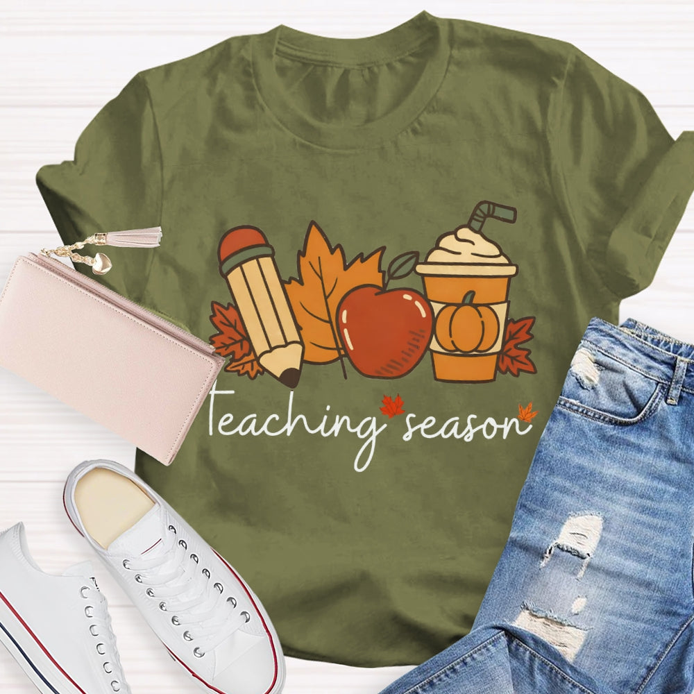 Teaching Season Pumpkin Coffee Cup And Maple Leaves Halloween T-shirt