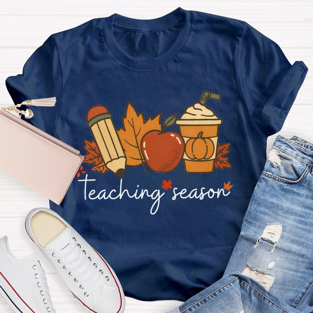 Teaching Season Pumpkin Coffee Cup And Maple Leaves Halloween T-shirt