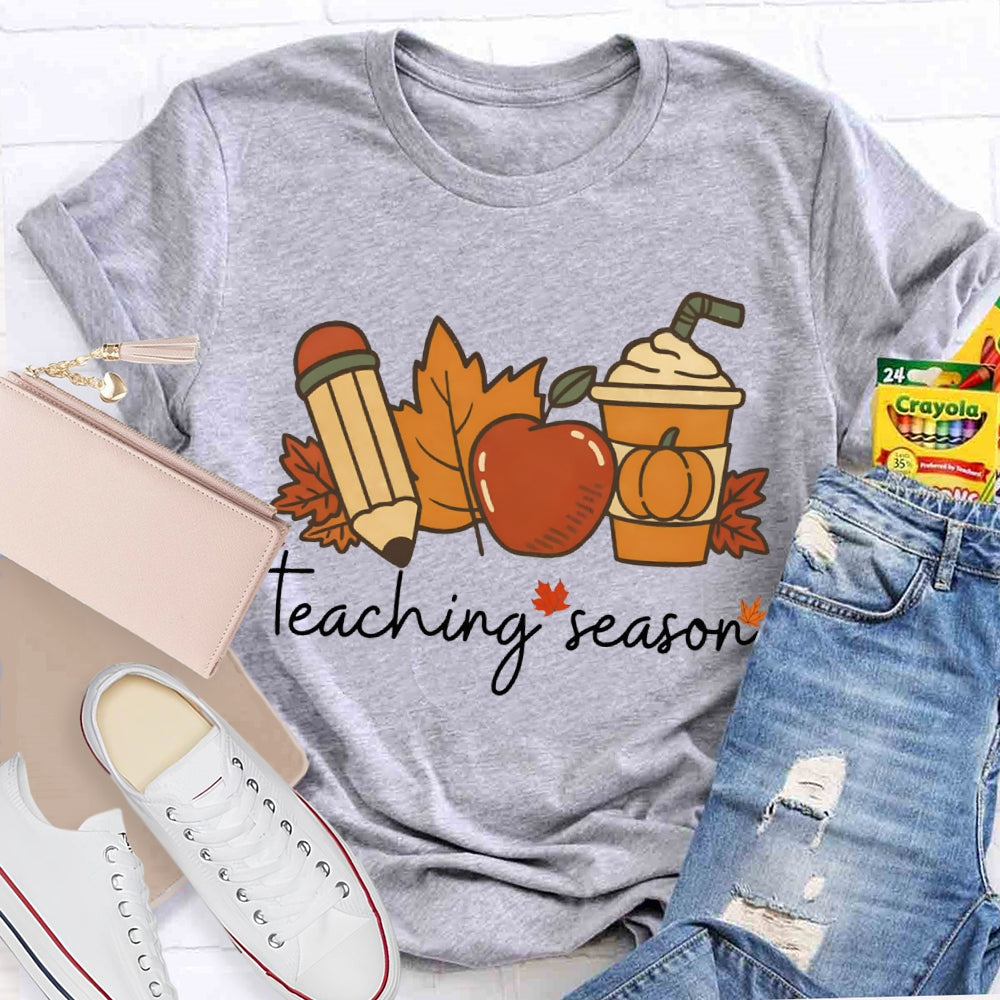 Teaching Season Pumpkin Coffee Cup And Maple Leaves Halloween T-shirt