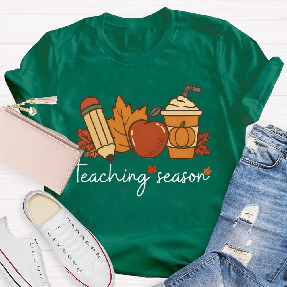 Teaching Season Pumpkin Coffee Cup And Maple Leaves Halloween T-shirt