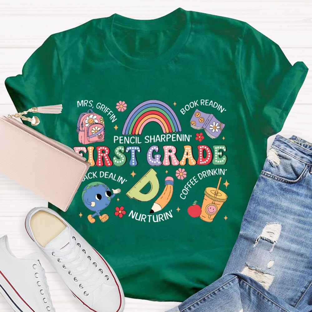 Personalized Name And Grade First Grade Pencil Sharpening Book Reading T-shirt