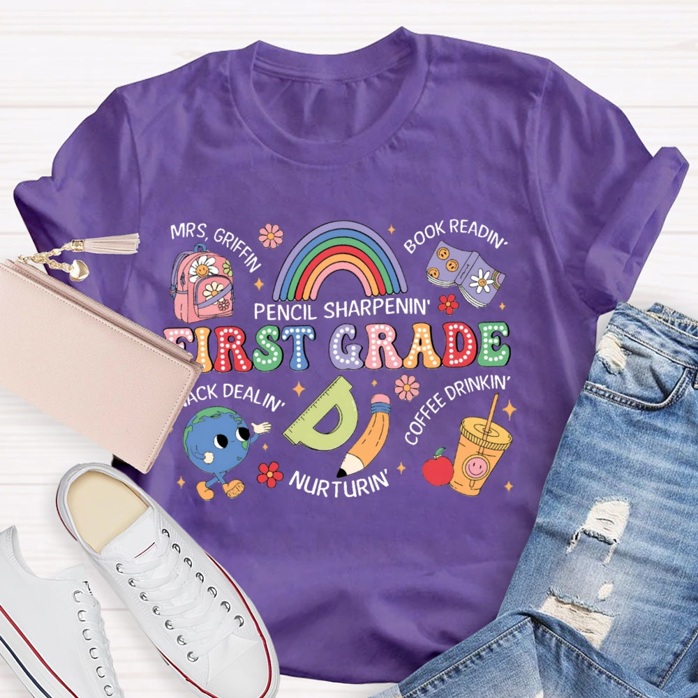 Personalized Name And Grade First Grade Pencil Sharpening Book Reading T-shirt