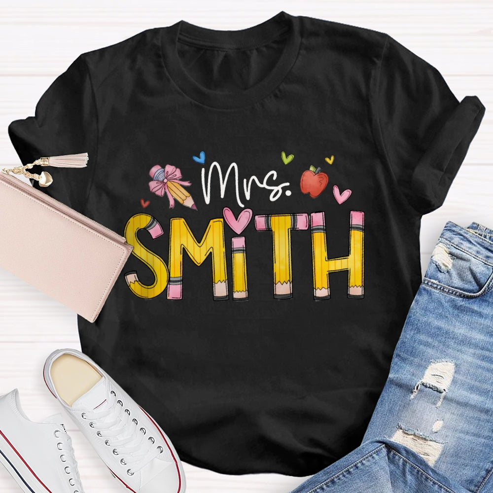 Personalized Name Back To School Bow Pencil And Small Heart T-shirt