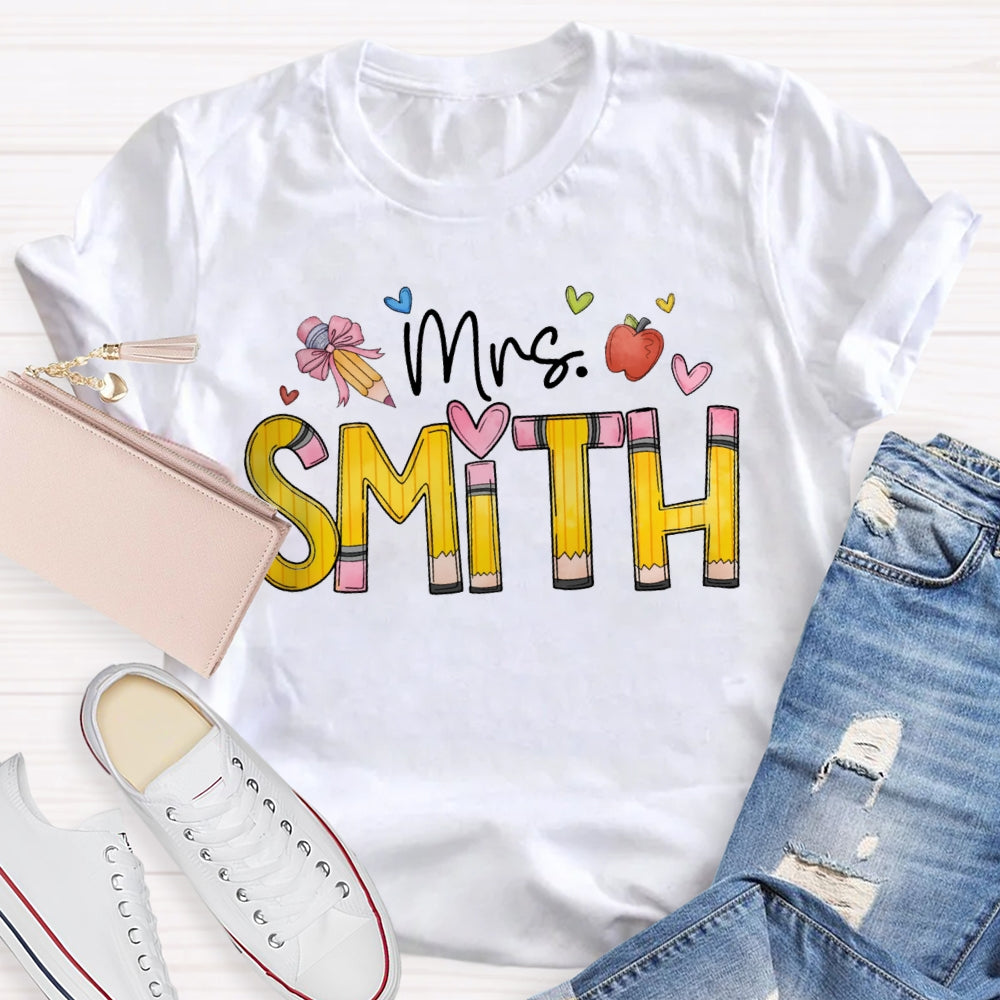 Personalized Name Back To School Bow Pencil And Small Heart T-shirt