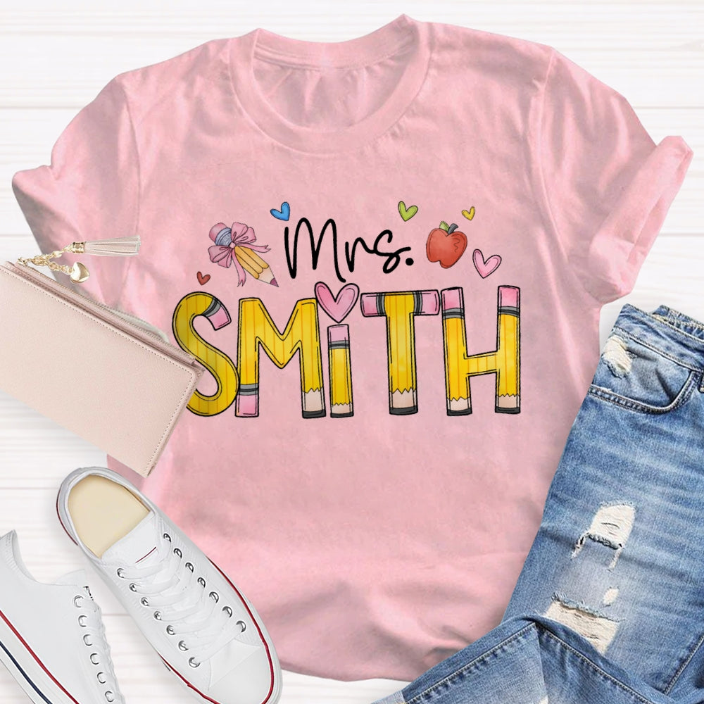 Personalized Name Back To School Bow Pencil And Small Heart T-shirt