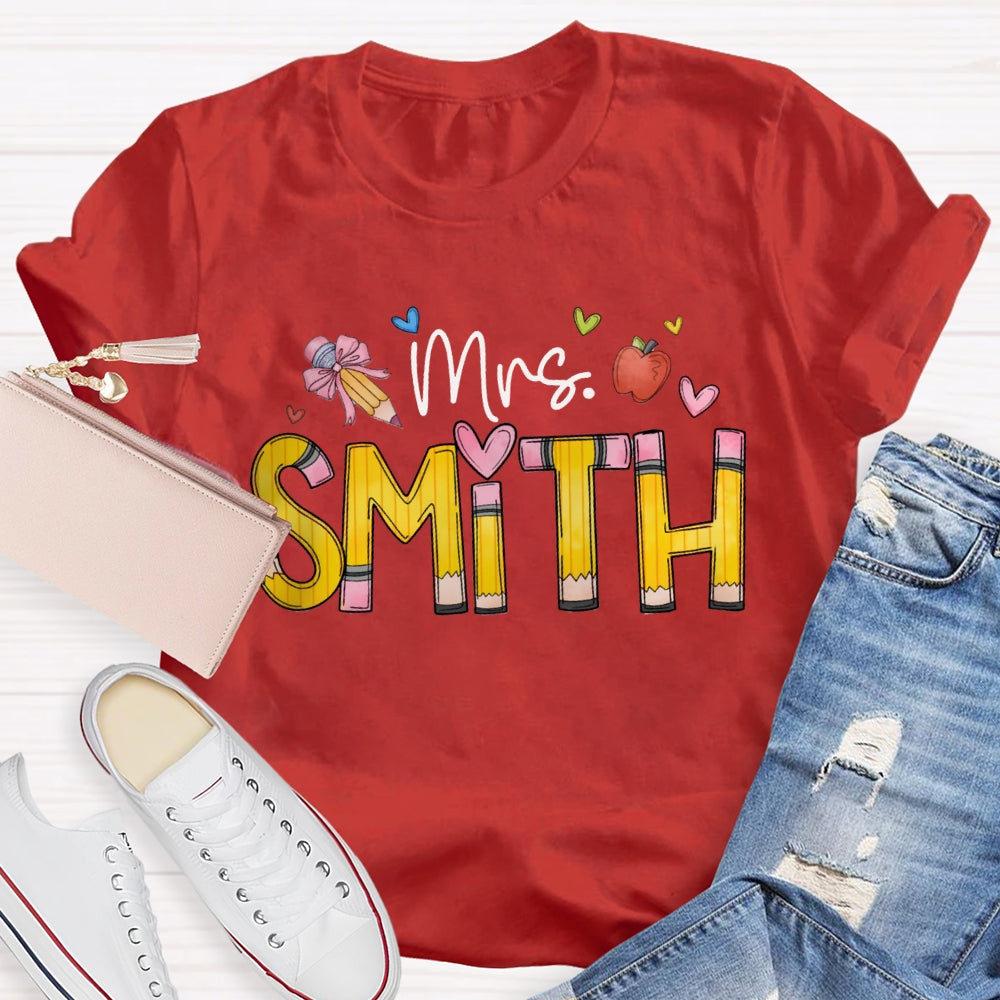 Personalized Name Back To School Bow Pencil And Small Heart T-shirt
