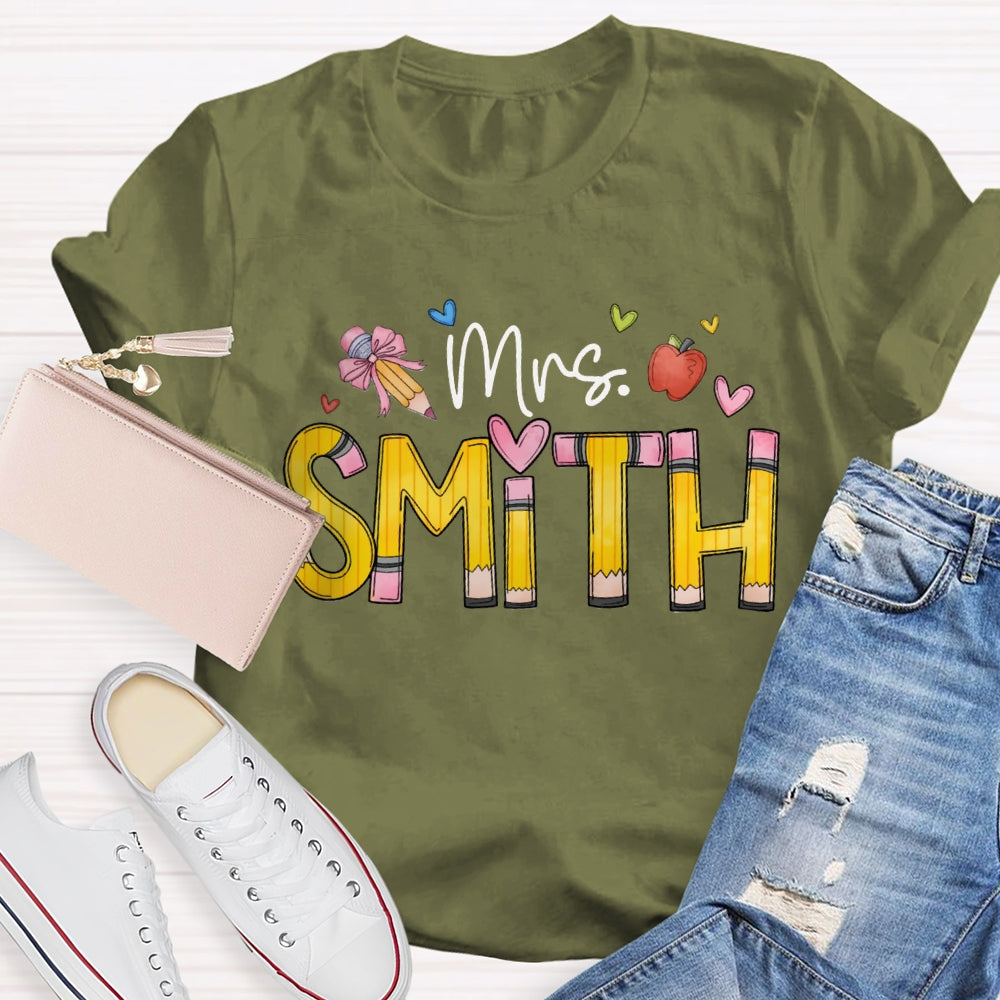Personalized Name Back To School Bow Pencil And Small Heart T-shirt