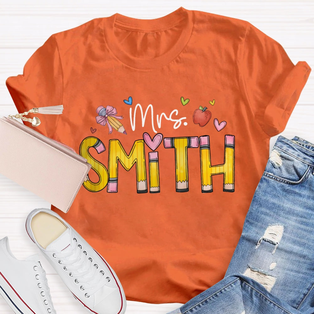 Personalized Name Back To School Bow Pencil And Small Heart T-shirt