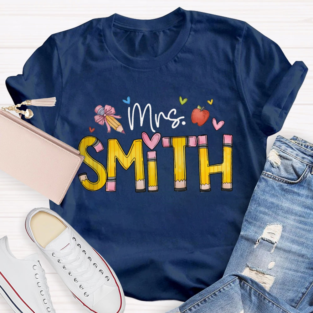 Personalized Name Back To School Bow Pencil And Small Heart T-shirt