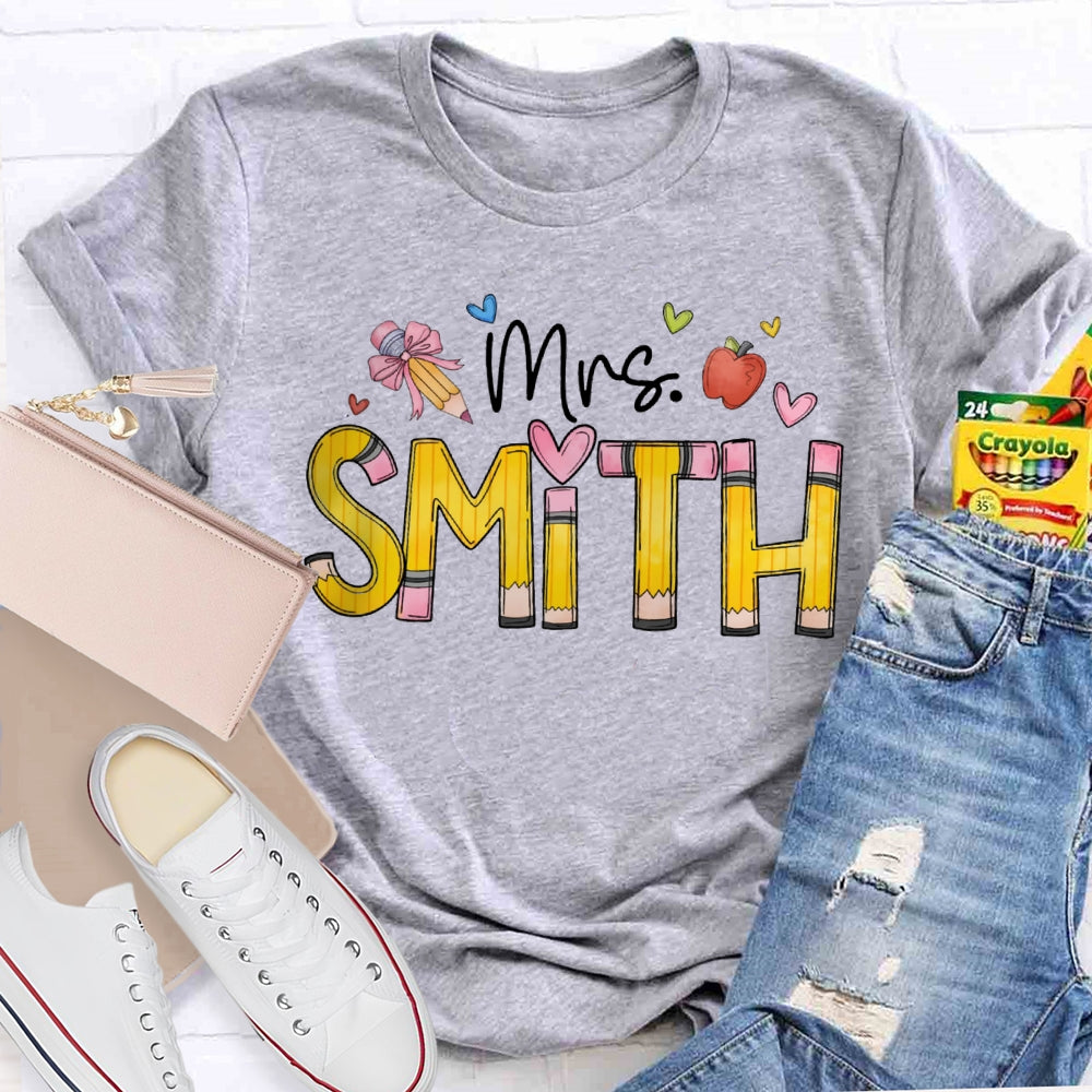 Personalized Name Back To School Bow Pencil And Small Heart T-shirt