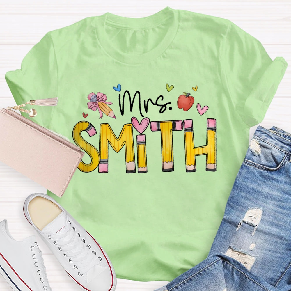 Personalized Name Back To School Bow Pencil And Small Heart T-shirt