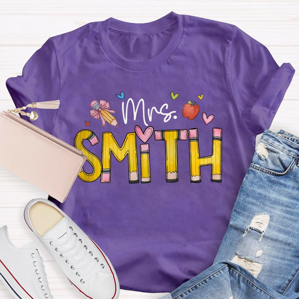 Personalized Name Back To School Bow Pencil And Small Heart T-shirt