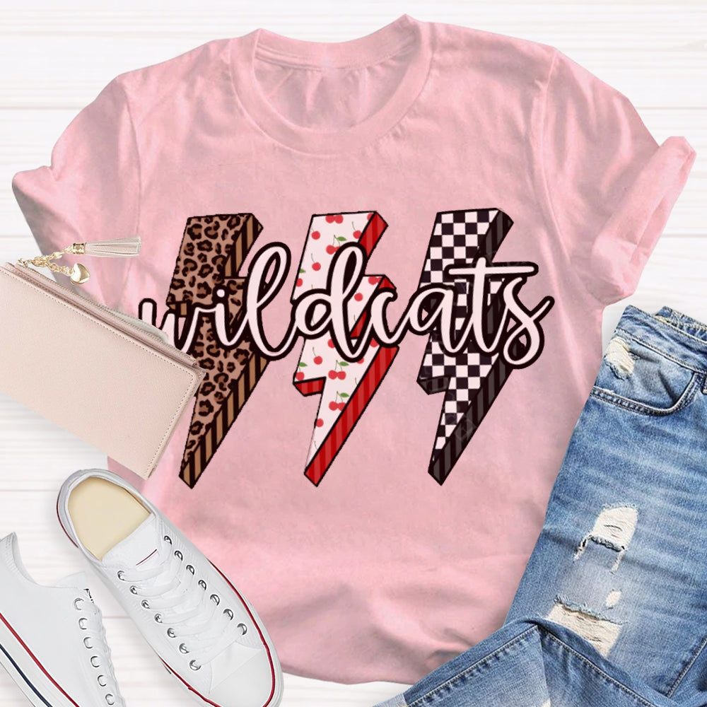 Personalized Mascot Wild Cats Leopard And Plaid Lightning Print T-shirt
