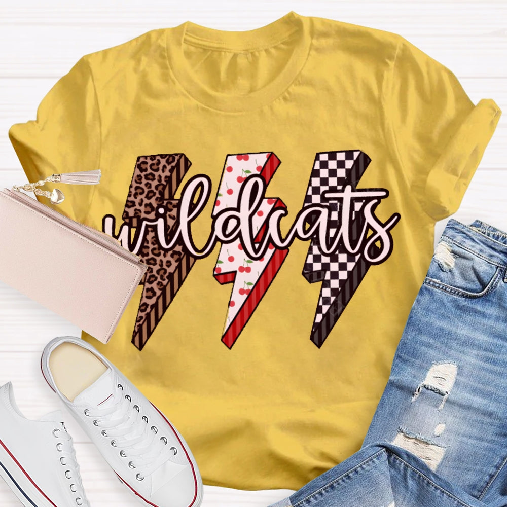 Personalized Mascot Wild Cats Leopard And Plaid Lightning Print T-shirt