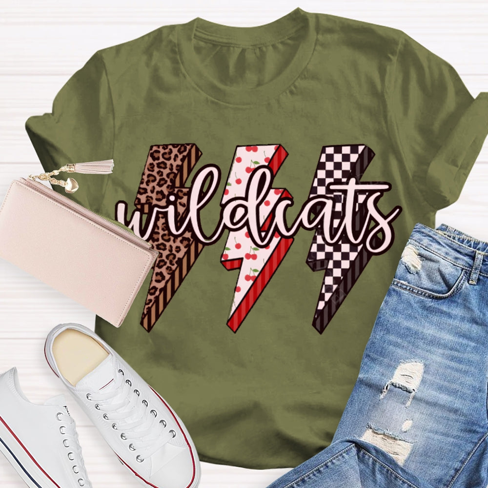 Personalized Mascot Wild Cats Leopard And Plaid Lightning Print T-shirt