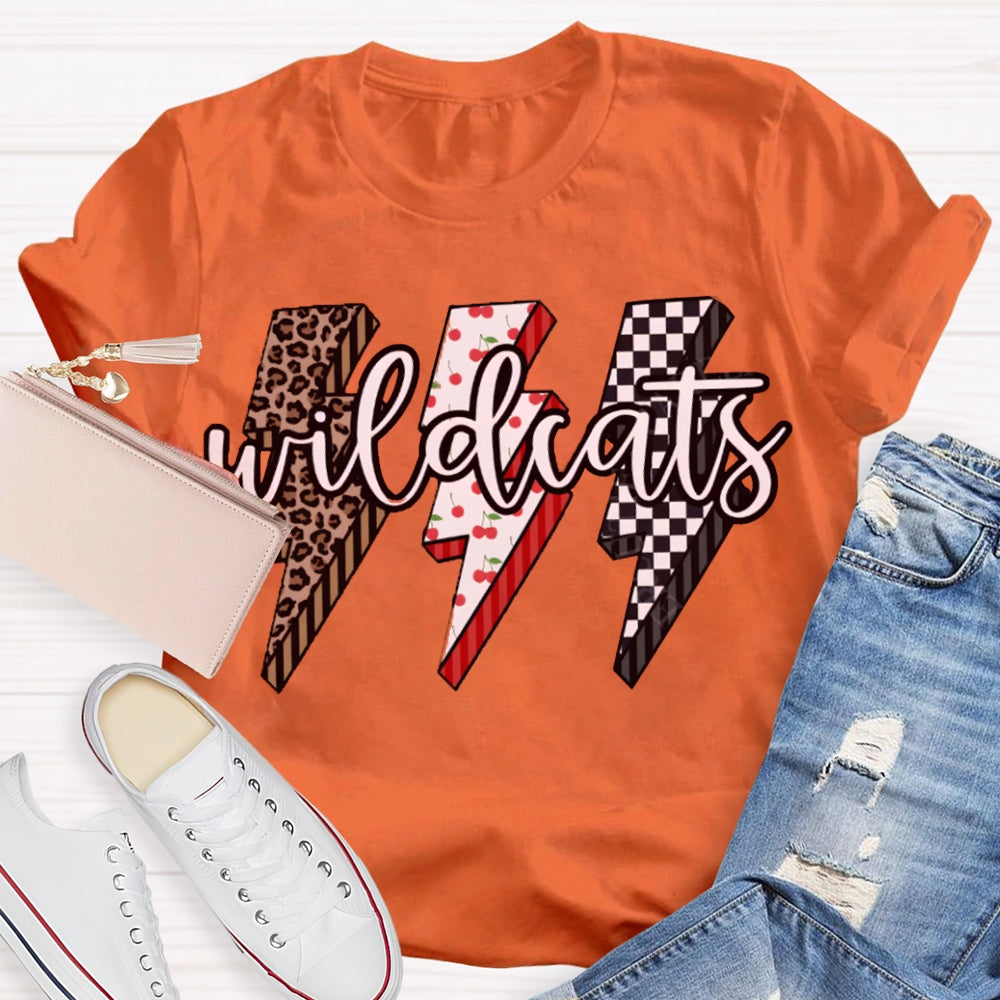 Personalized Mascot Wild Cats Leopard And Plaid Lightning Print T-shirt
