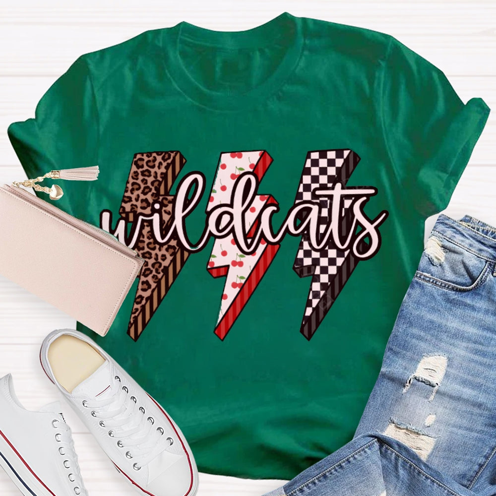 Personalized Mascot Wild Cats Leopard And Plaid Lightning Print T-shirt