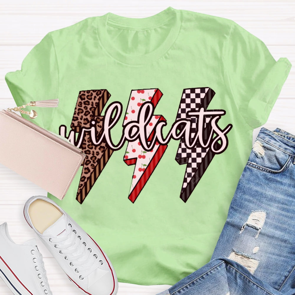 Personalized Mascot Wild Cats Leopard And Plaid Lightning Print T-shirt