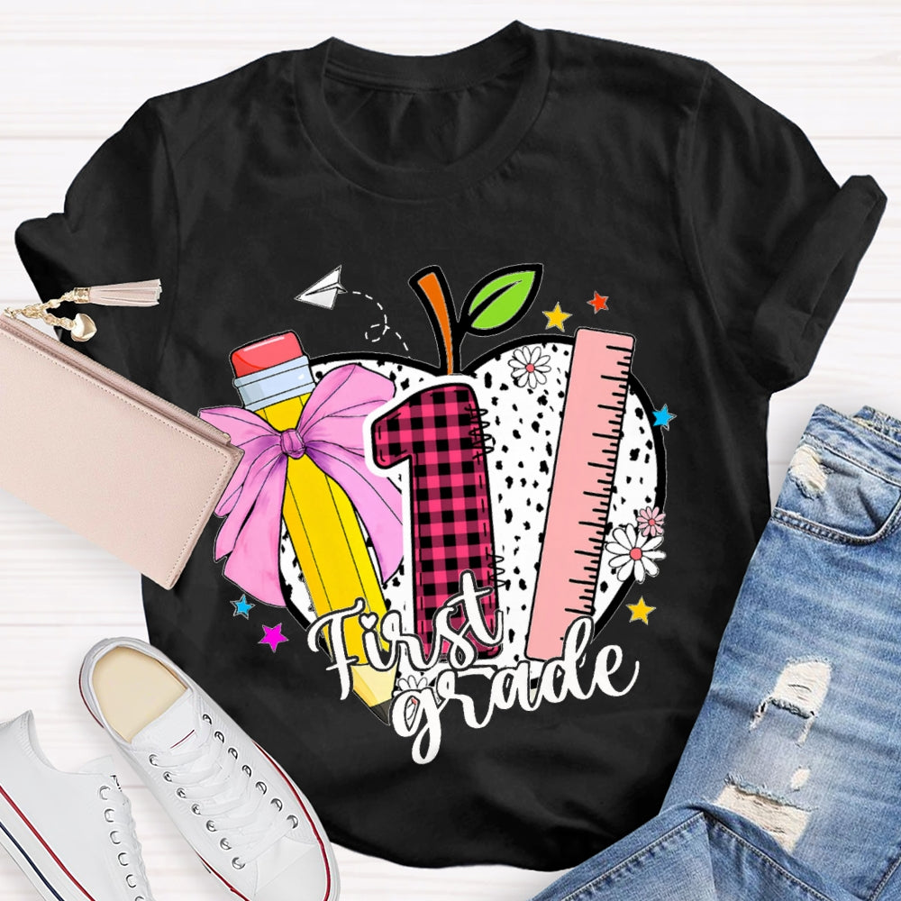 Personalized Grade Colored Bow Pencils And Polka Dot Apples T-shirt
