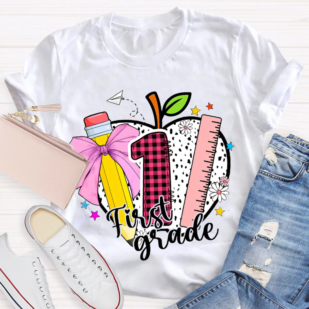 Personalized Grade Colored Bow Pencils And Polka Dot Apples T-shirt