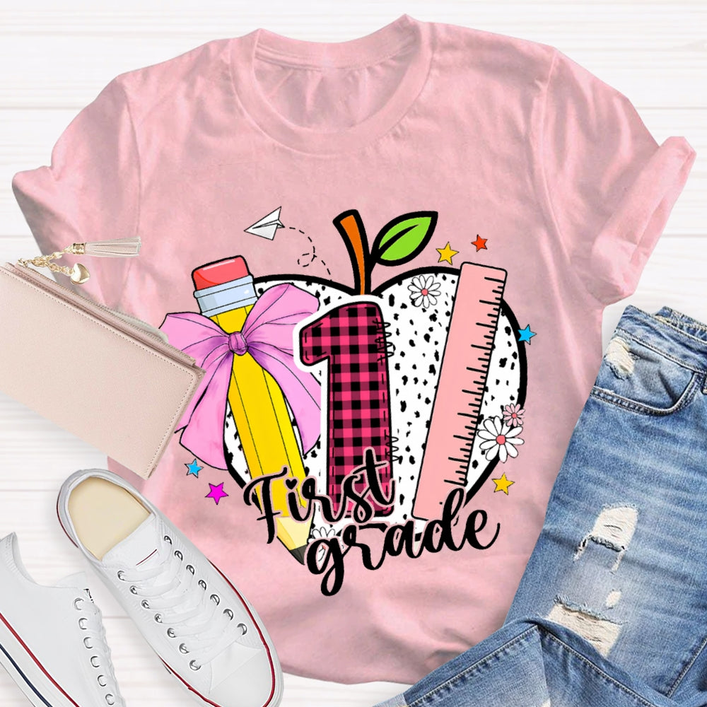 Personalized Grade Colored Bow Pencils And Polka Dot Apples T-shirt