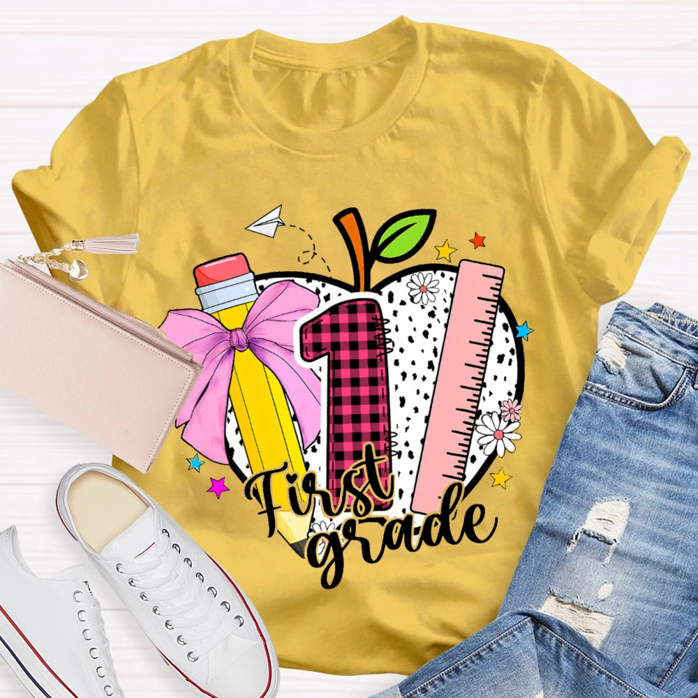 Personalized Grade Colored Bow Pencils And Polka Dot Apples T-shirt