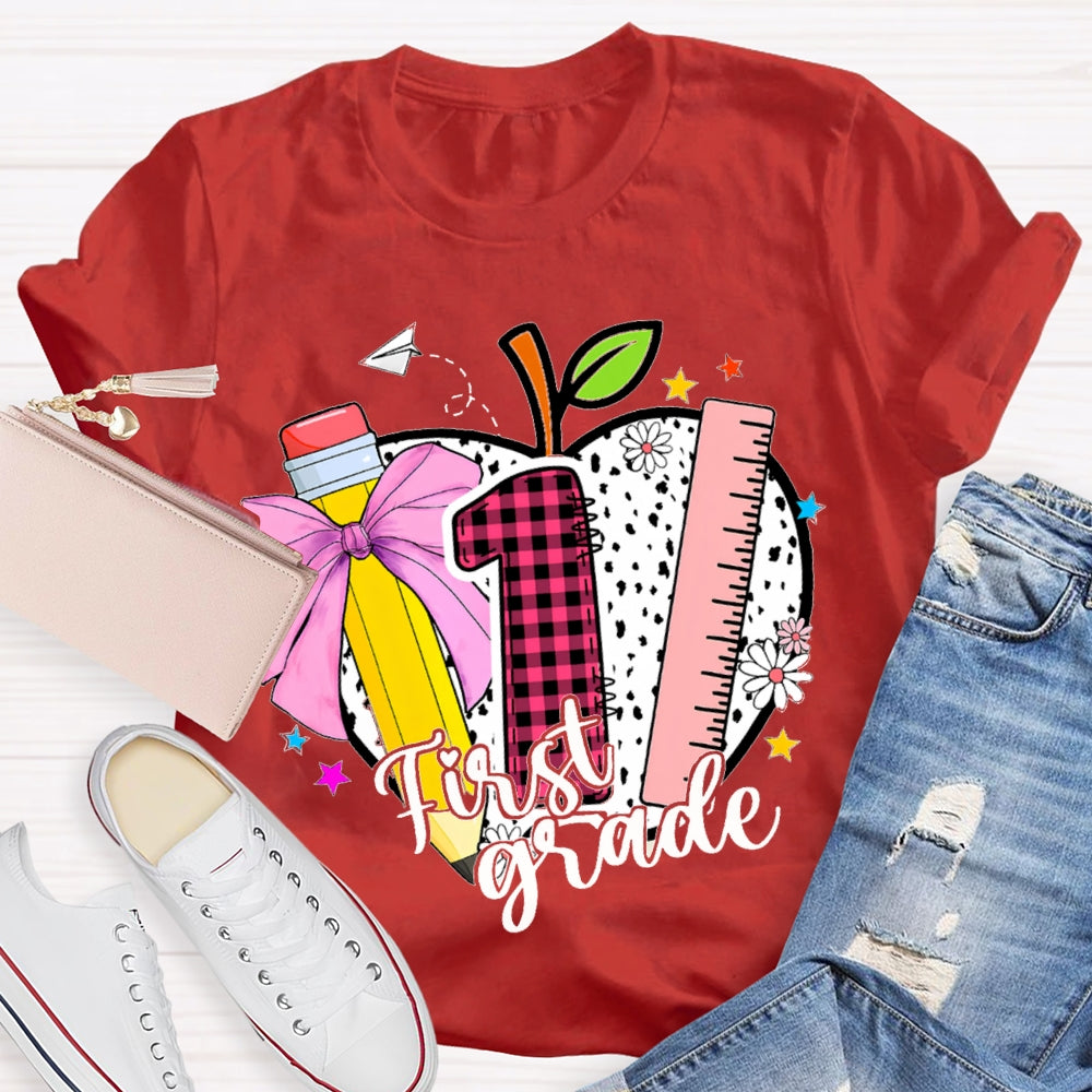 Personalized Grade Colored Bow Pencils And Polka Dot Apples T-shirt
