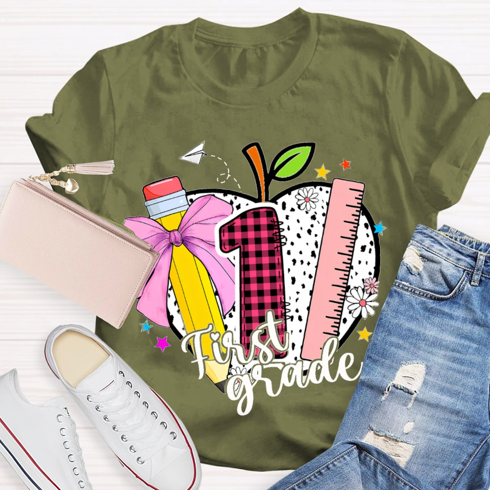 Personalized Grade Colored Bow Pencils And Polka Dot Apples T-shirt