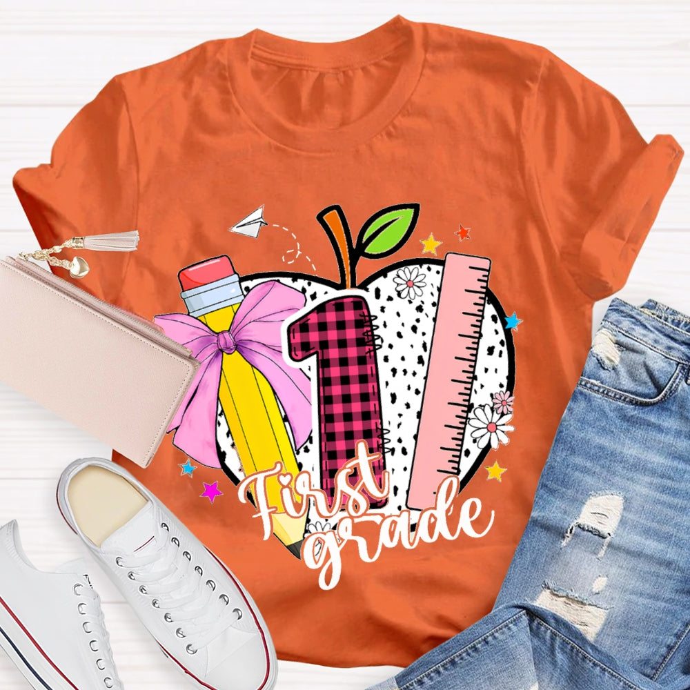 Personalized Grade Colored Bow Pencils And Polka Dot Apples T-shirt