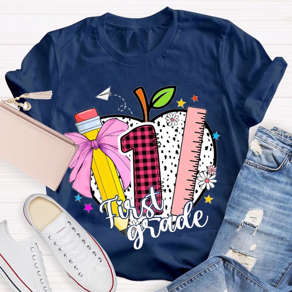 Personalized Grade Colored Bow Pencils And Polka Dot Apples T-shirt