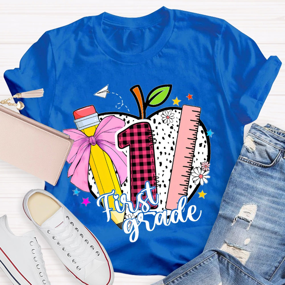 Personalized Grade Colored Bow Pencils And Polka Dot Apples T-shirt