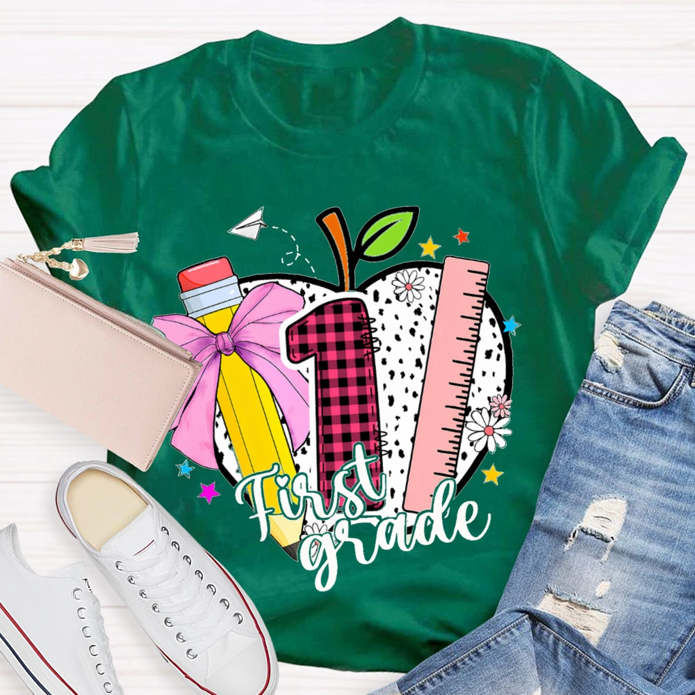 Personalized Grade Colored Bow Pencils And Polka Dot Apples T-shirt