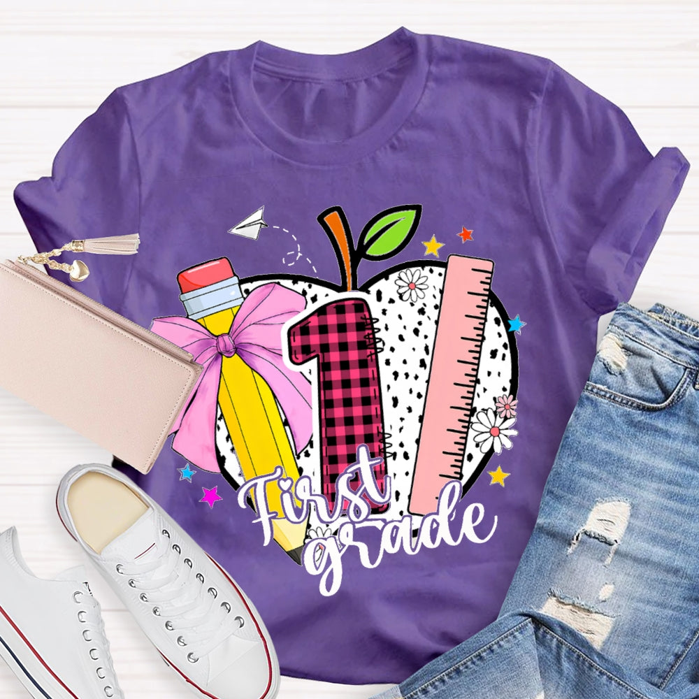 Personalized Grade Colored Bow Pencils And Polka Dot Apples T-shirt