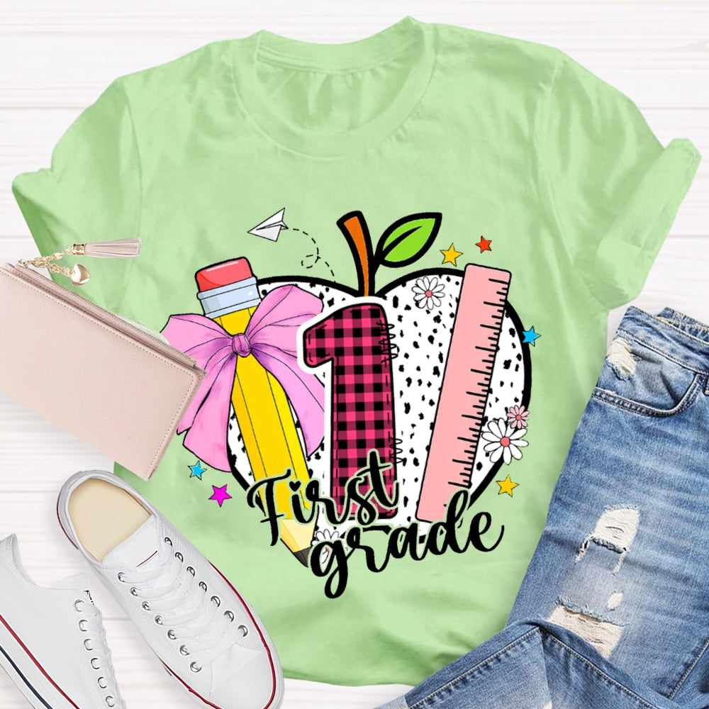 Personalized Grade Colored Bow Pencils And Polka Dot Apples T-shirt