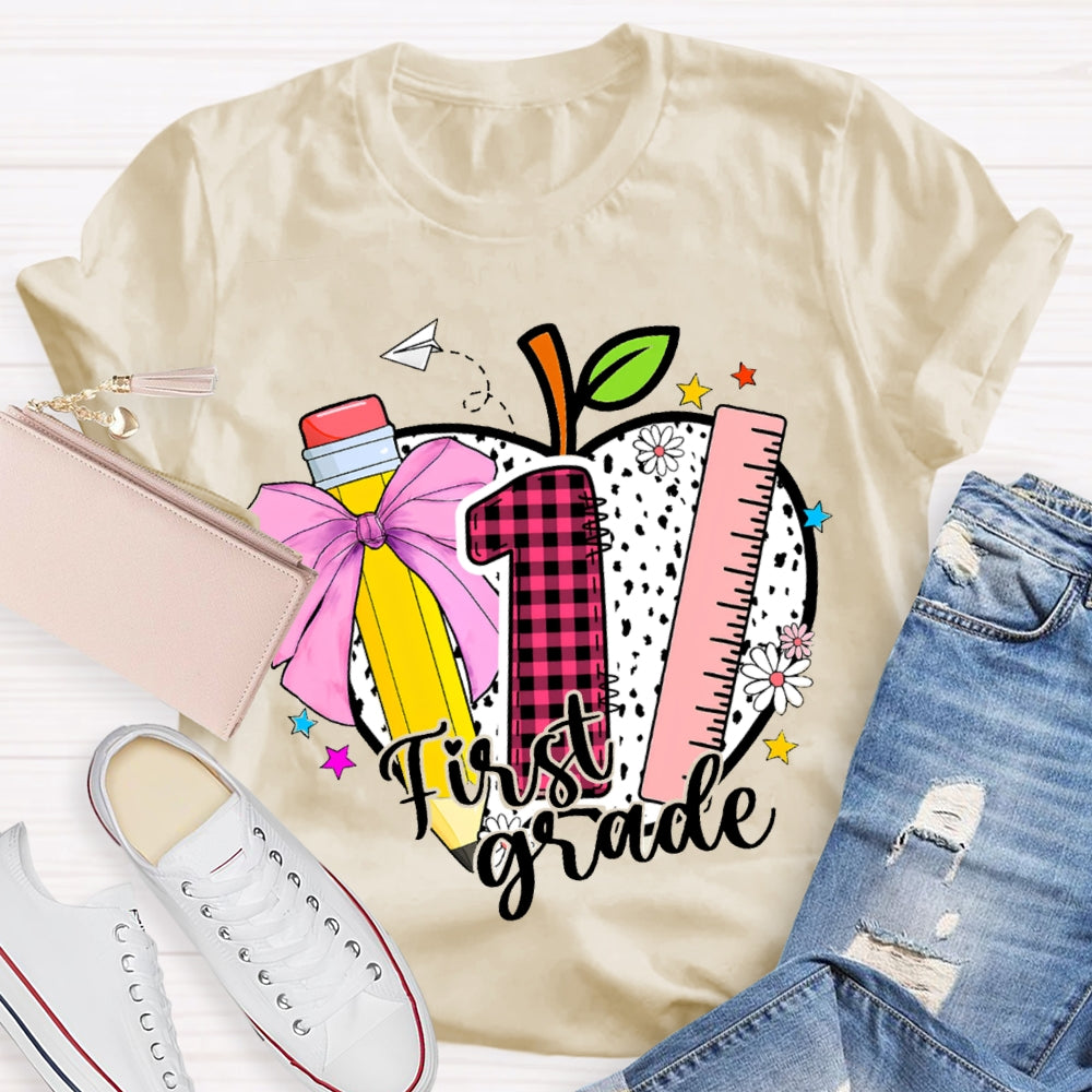 Personalized Grade Colored Bow Pencils And Polka Dot Apples T-shirt