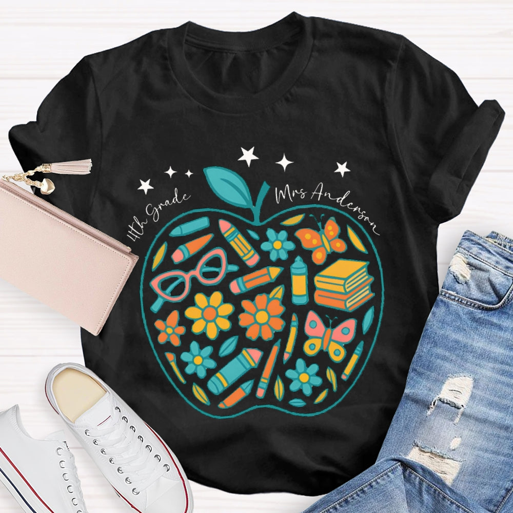 Personalized Name And Grade Fourth Grade Pencil And Small Flower Wrapped In Apple T-shirt