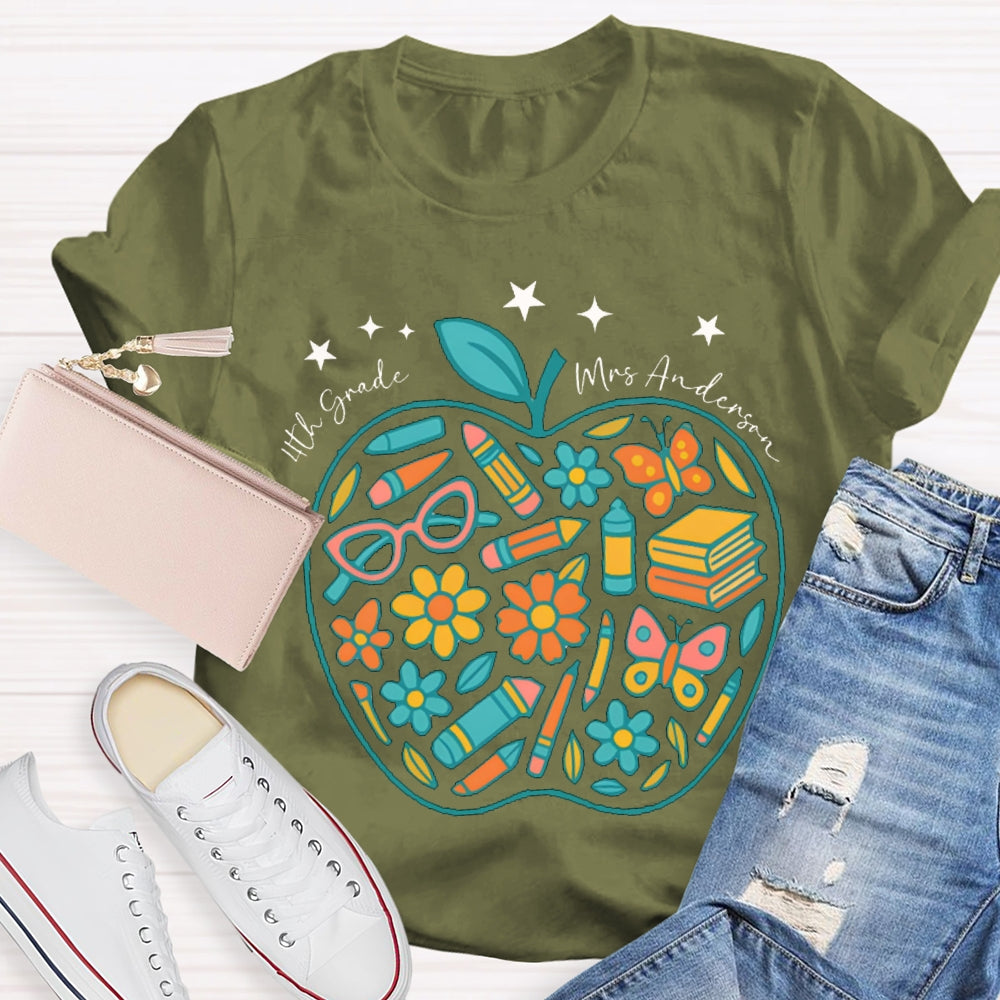 Personalized Name And Grade Fourth Grade Pencil And Small Flower Wrapped In Apple T-shirt