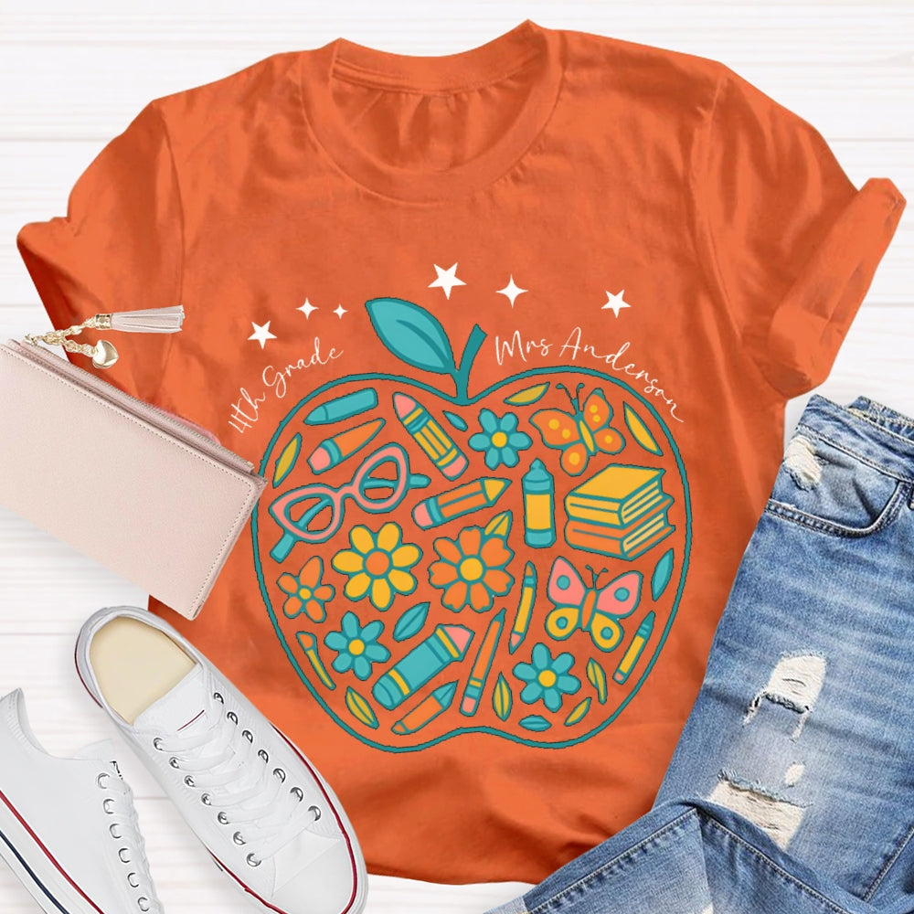 Personalized Name And Grade Fourth Grade Pencil And Small Flower Wrapped In Apple T-shirt