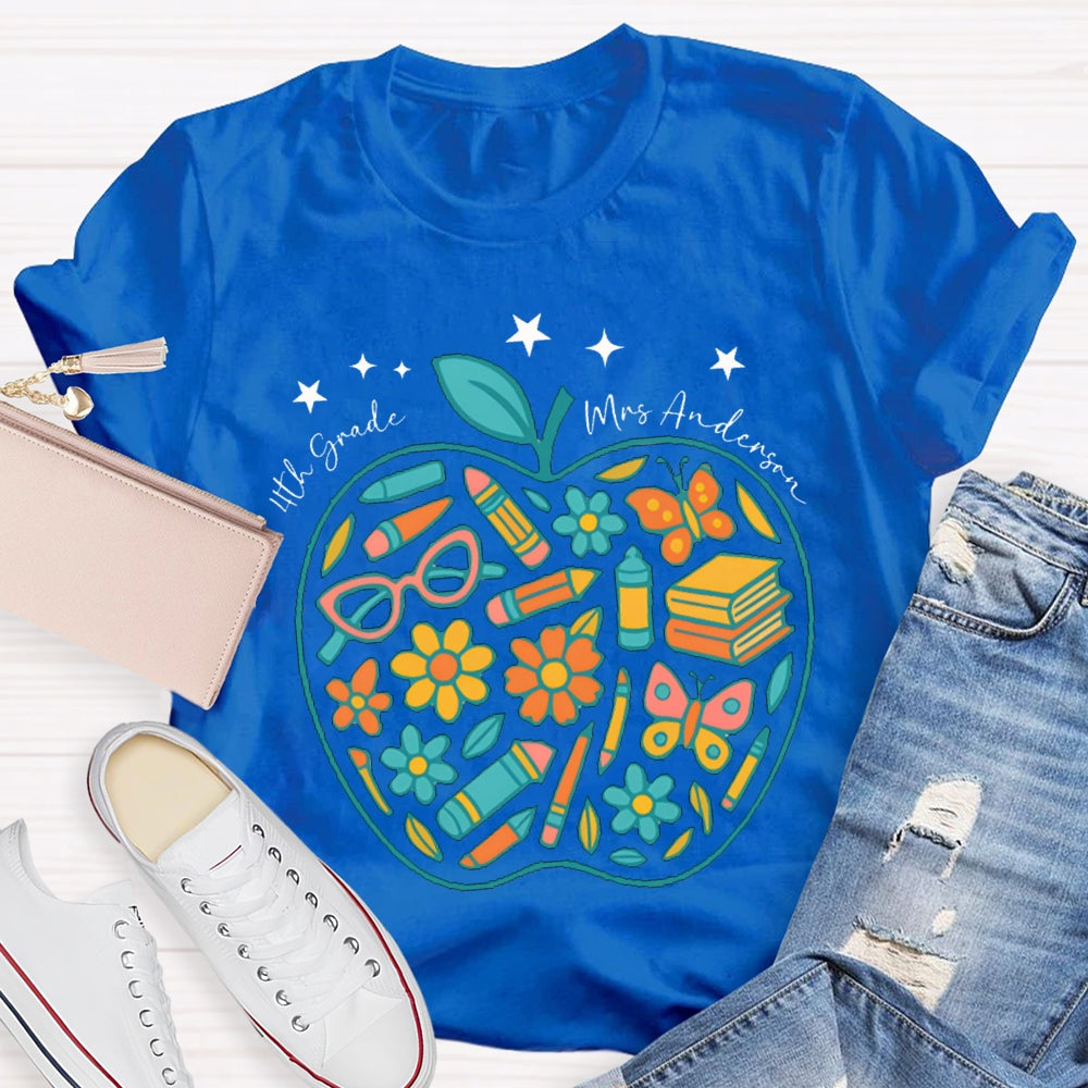 Personalized Name And Grade Fourth Grade Pencil And Small Flower Wrapped In Apple T-shirt