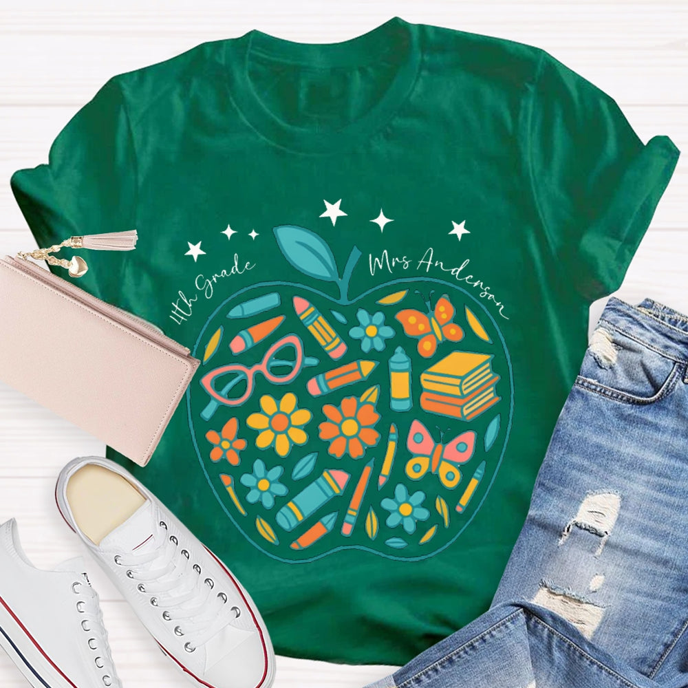 Personalized Name And Grade Fourth Grade Pencil And Small Flower Wrapped In Apple T-shirt