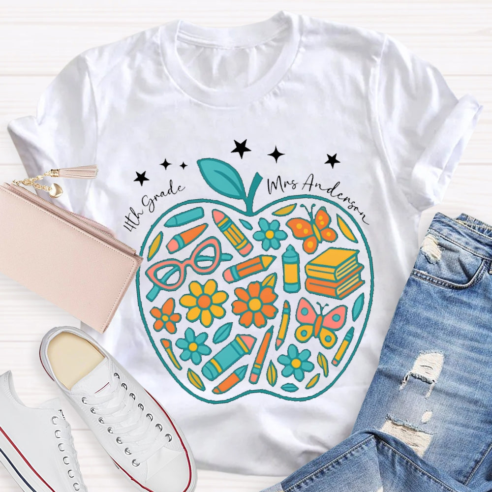 Personalized Name And Grade Fourth Grade Pencil And Small Flower Wrapped In Apple T-shirt