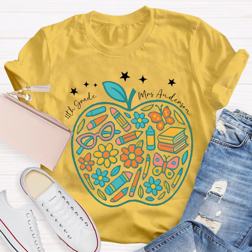 Personalized Name And Grade Fourth Grade Pencil And Small Flower Wrapped In Apple T-shirt